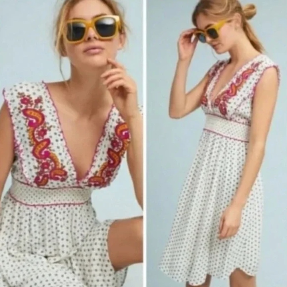 NWT Anthropologie White Maggie Embroidered Smocked Dress By Lilka Size L